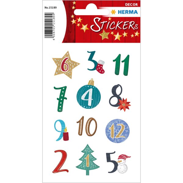 Schmuck-Etikett DECOR - Adventskalenderzahlen Weihnachts-Symbole, beglimmert