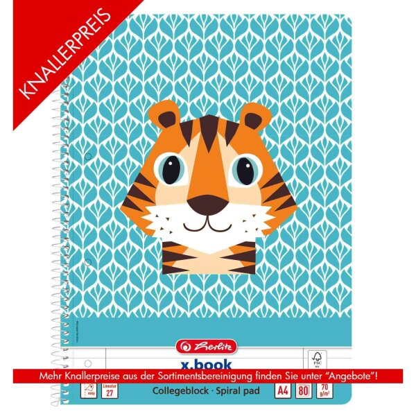 Spiralblock A4 Lineatur 27 Cute Animals Tiger 80 Blatt liniert