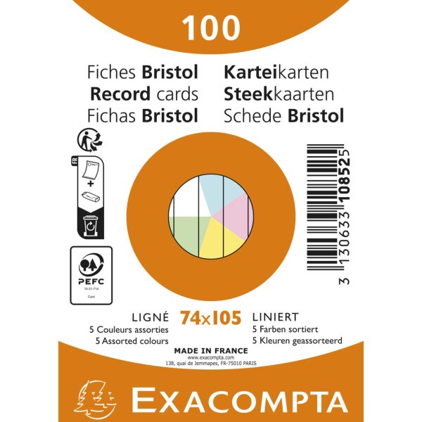 Karteikarten A7, 205 g/qm, liniert - 5 Farben sortiert