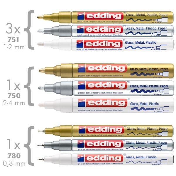 Paket Lackmarker 751 / 750 / 780  3er Sets gold, silber, weiss