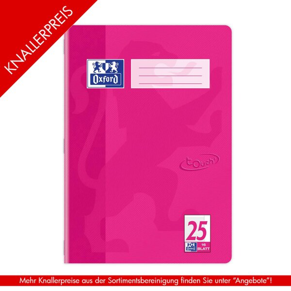 Schulheft Oxford Touch A4 - 16 Blatt, Optik Paper - Lineatur 25, Pink, abgerundete Ecken