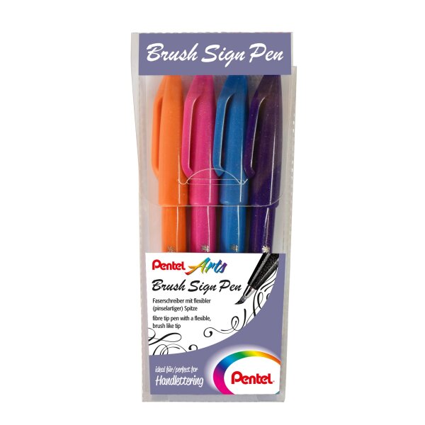 Kalligrafiestift Sign Pen Brush 4er Set je 1x orange, rosa, hell-blau, violett