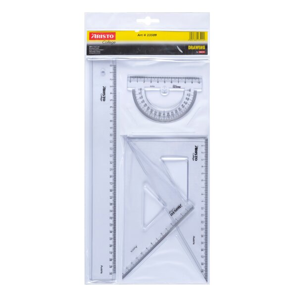 College Geo 4er-Set Inhalt: Lineal 30 cm, je 1 x Zeichendreieck 20 cm 45°/60°, Halbkreiswinkel) 23030, 23420, 23620, 23301