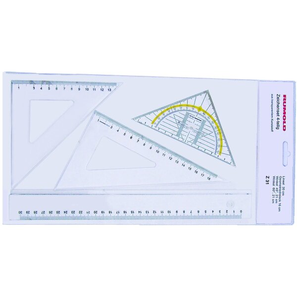 Zeichenset 4-teilig, transparenter Kunststoff, Lineal 30 cm, Winkel 21 cm