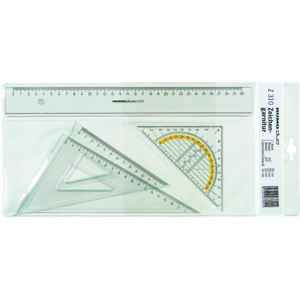 Zeichenset, 4-teilig, transparenter Kunststoff, Lineal 30 cm, Geometrie-Dreieck 16 cm